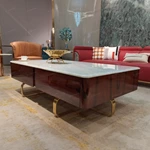Marble-Top Coffee Table with High-Gloss Wood Veneer and Brushed Metal Base